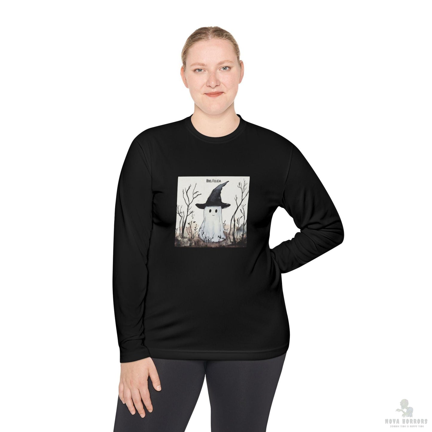 Boo Felicia Long Sleeve Tee, Perfect for Halloween, Unisex Tee, Lightweight Fall Fashion, Cozy Casual Wear, Fun Ghost Design
