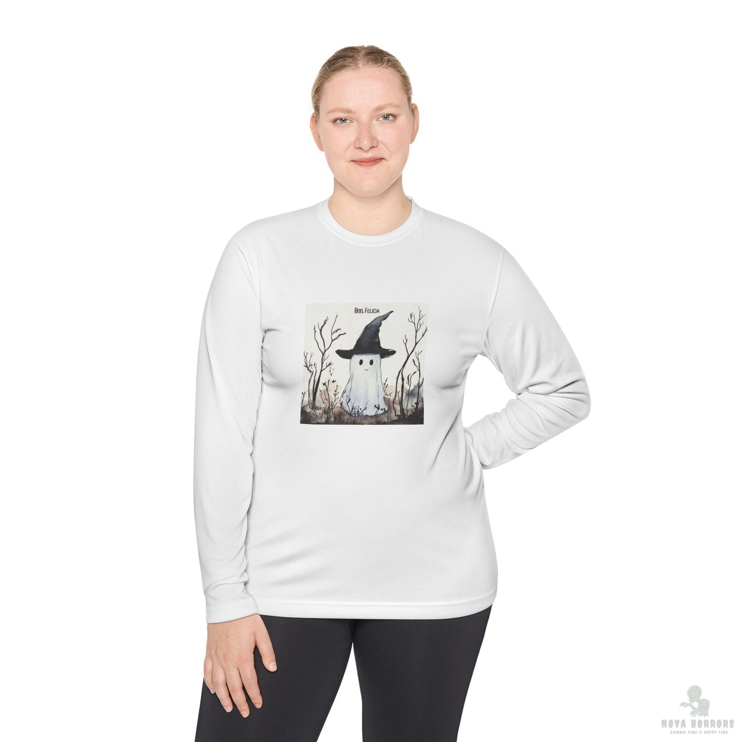 Boo Felicia Long Sleeve Tee, Perfect for Halloween, Unisex Tee, Lightweight Fall Fashion, Cozy Casual Wear, Fun Ghost Design