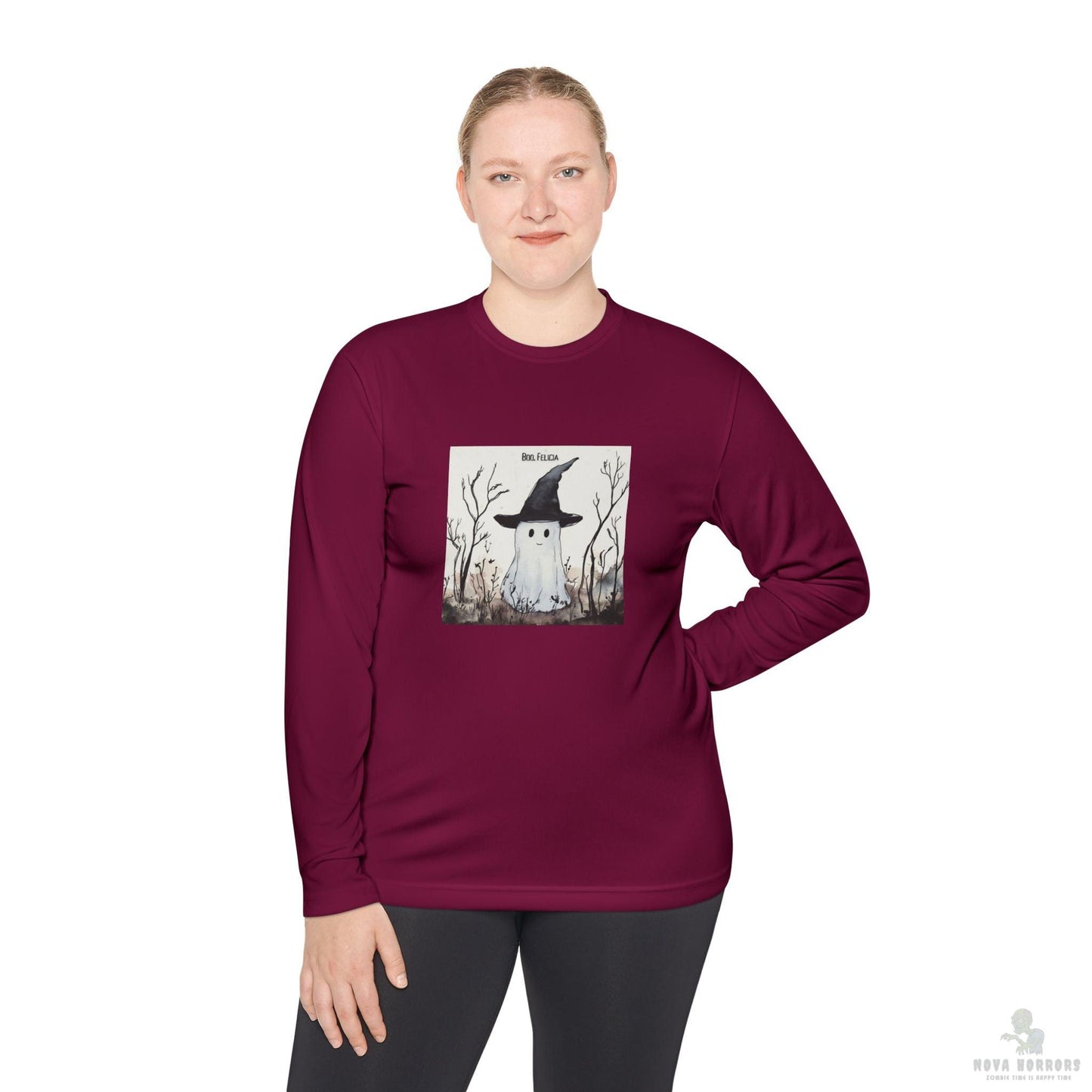 Boo Felicia Long Sleeve Tee, Perfect for Halloween, Unisex Tee, Lightweight Fall Fashion, Cozy Casual Wear, Fun Ghost Design