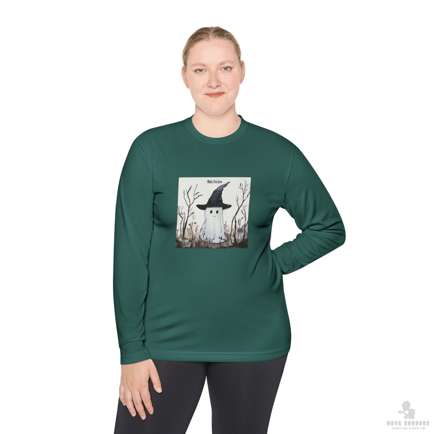 Boo Felicia Long Sleeve Tee, Perfect for Halloween, Unisex Tee, Lightweight Fall Fashion, Cozy Casual Wear, Fun Ghost Design