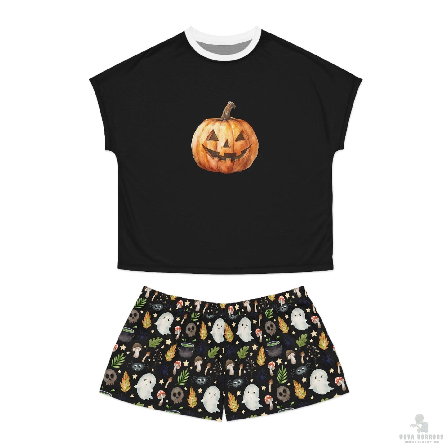 Halloween Women's Short Pajama Set, Cozy Ghost and Pumpkin Sleepwear, Cute Halloween PJs, Comfortable Dreamwear, Spooky Nightwear