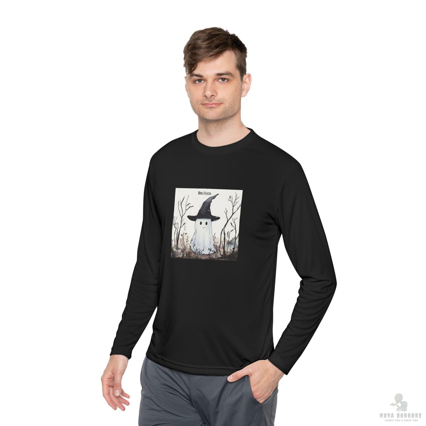 Boo Felicia Long Sleeve Tee, Perfect for Halloween, Unisex Tee, Lightweight Fall Fashion, Cozy Casual Wear, Fun Ghost Design