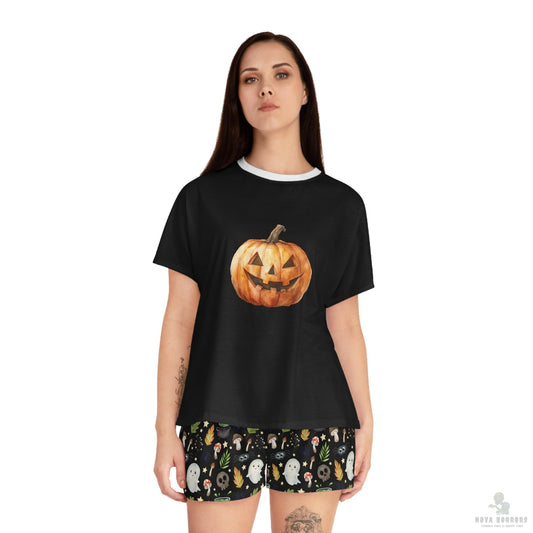 Halloween Women's Short Pajama Set, Cozy Ghost and Pumpkin Sleepwear, Cute Halloween PJs, Comfortable Dreamwear, Spooky Nightwear