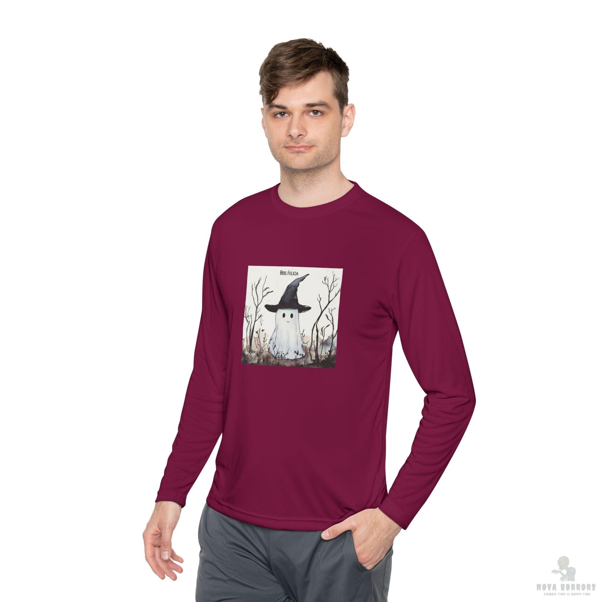 Boo Felicia Long Sleeve Tee, Perfect for Halloween, Unisex Tee, Lightweight Fall Fashion, Cozy Casual Wear, Fun Ghost Design