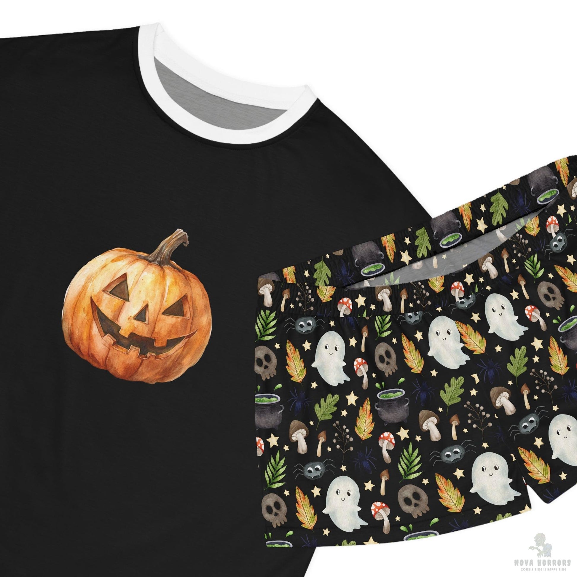 Halloween Women's Short Pajama Set, Cozy Ghost and Pumpkin Sleepwear, Cute Halloween PJs, Comfortable Dreamwear, Spooky Nightwear