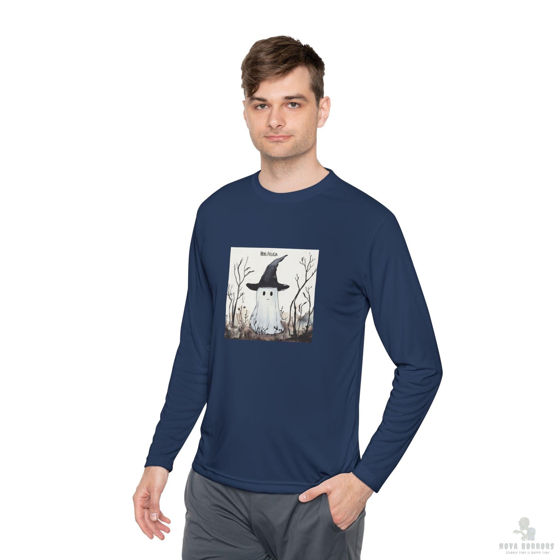 Boo Felicia Long Sleeve Tee, Perfect for Halloween, Unisex Tee, Lightweight Fall Fashion, Cozy Casual Wear, Fun Ghost Design