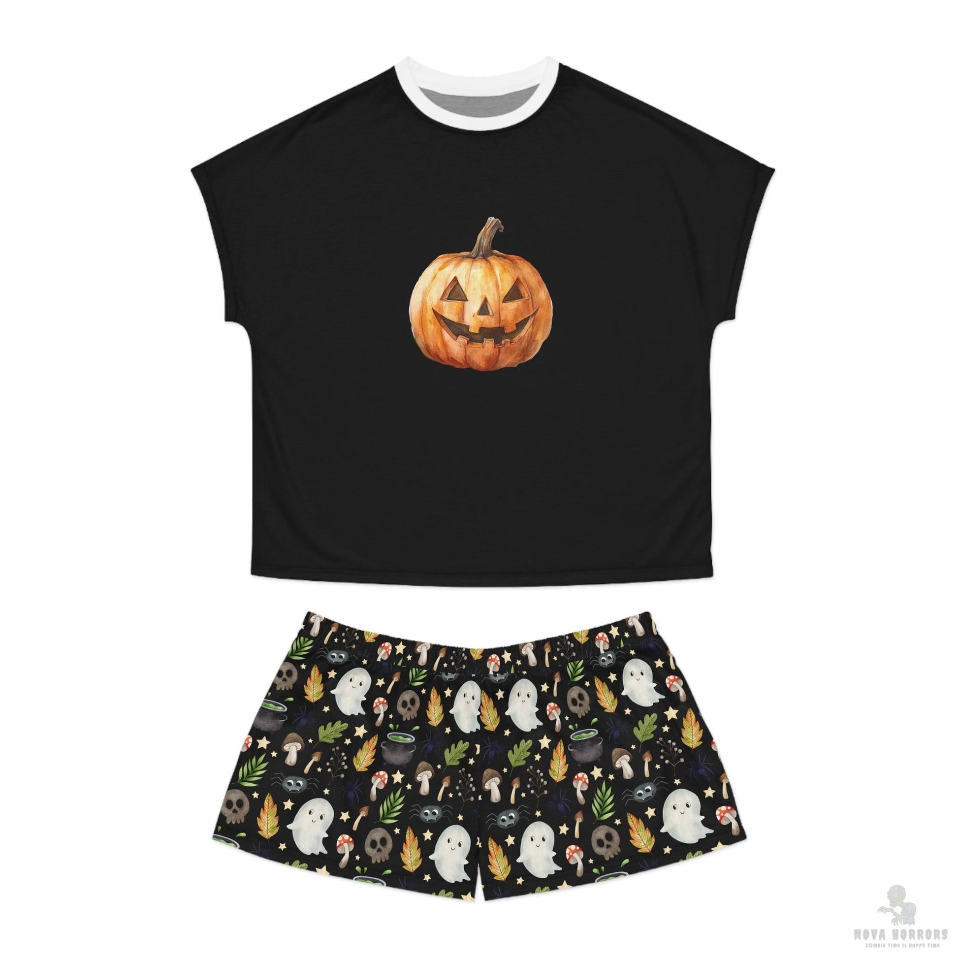 Halloween Women's Short Pajama Set, Cozy Ghost and Pumpkin Sleepwear, Cute Halloween PJs, Comfortable Dreamwear, Spooky Nightwear