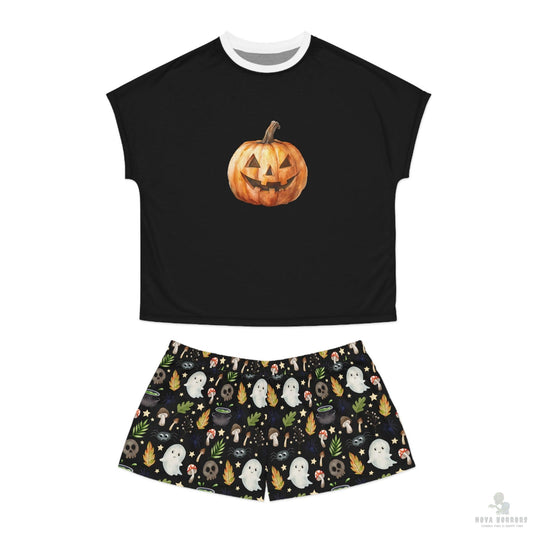 Halloween Women's Short Pajama Set, Cozy Ghost and Pumpkin Sleepwear, Cute Halloween PJs, Comfortable Dreamwear, Spooky Nightwear