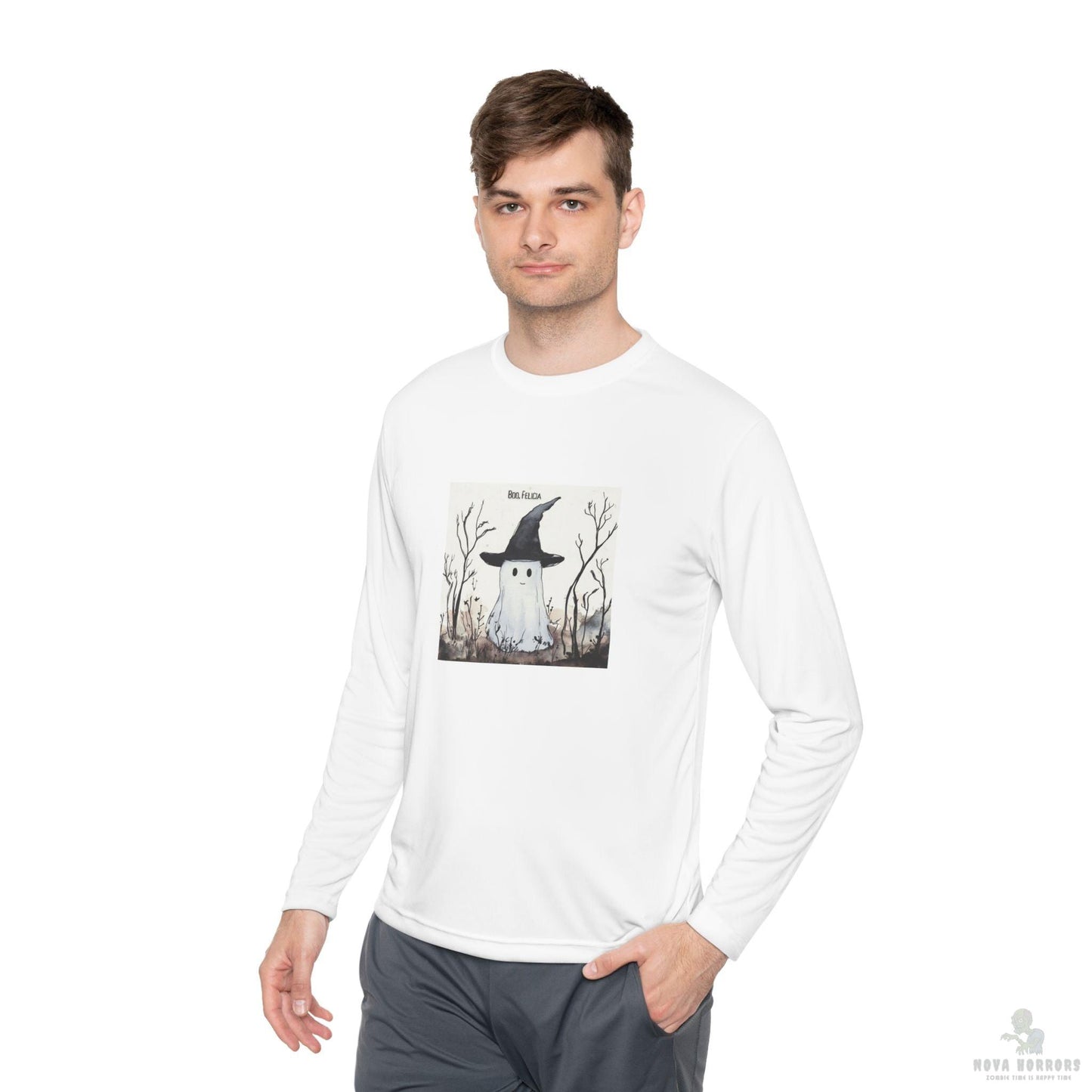 Boo Felicia Long Sleeve Tee, Perfect for Halloween, Unisex Tee, Lightweight Fall Fashion, Cozy Casual Wear, Fun Ghost Design