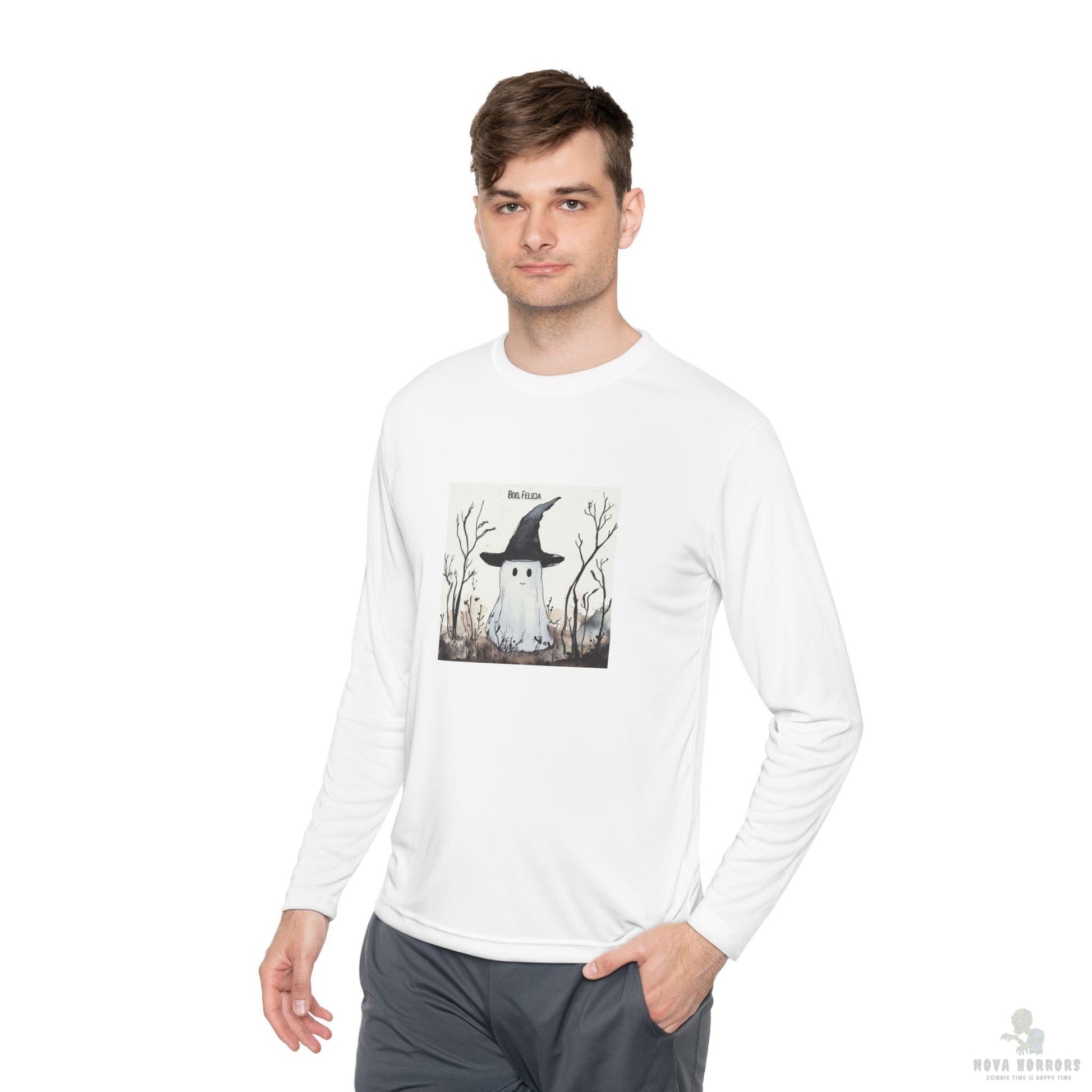 Boo Felicia Long Sleeve Tee, Perfect for Halloween, Unisex Tee, Lightweight Fall Fashion, Cozy Casual Wear, Fun Ghost Design
