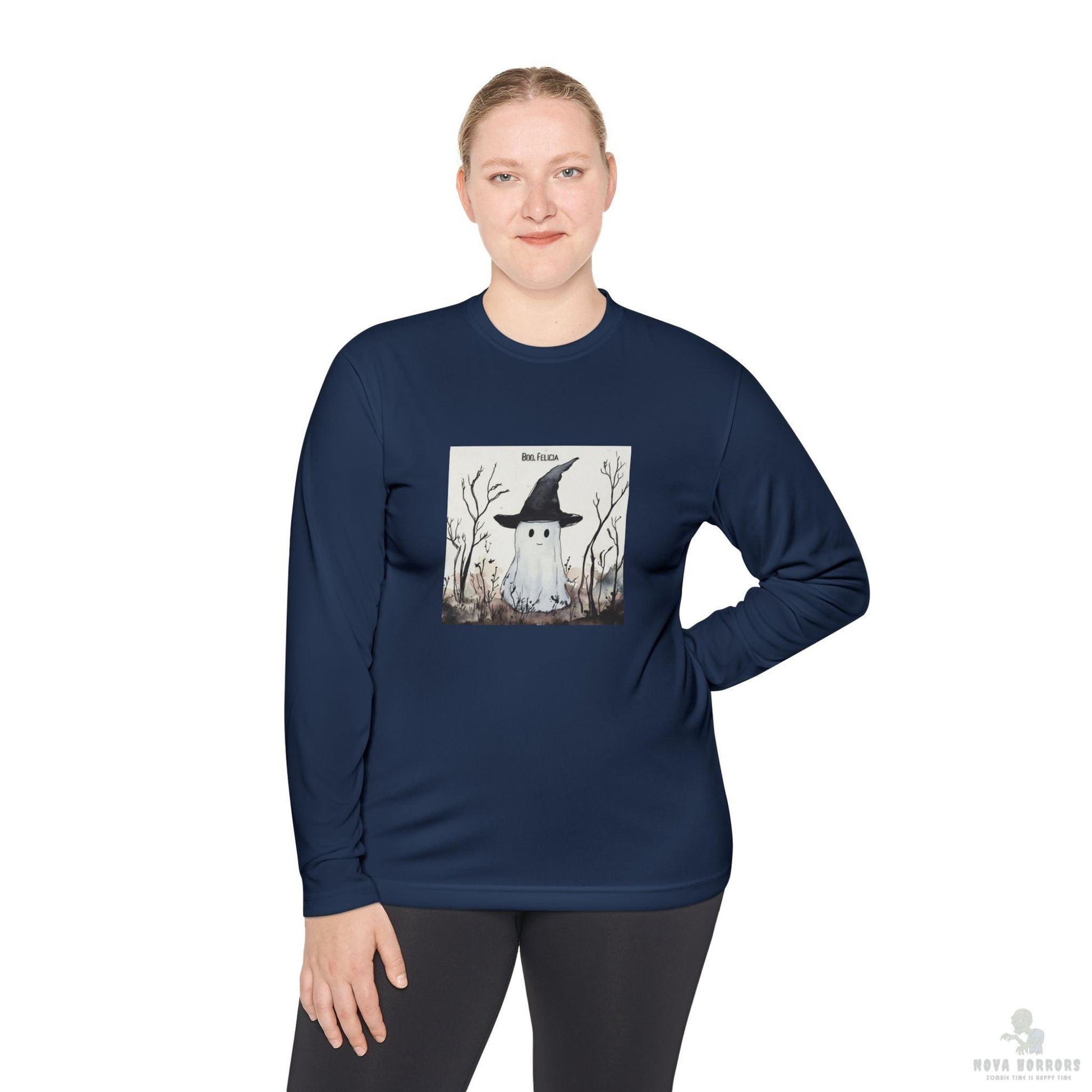 Boo Felicia Long Sleeve Tee, Perfect for Halloween, Unisex Tee, Lightweight Fall Fashion, Cozy Casual Wear, Fun Ghost Design